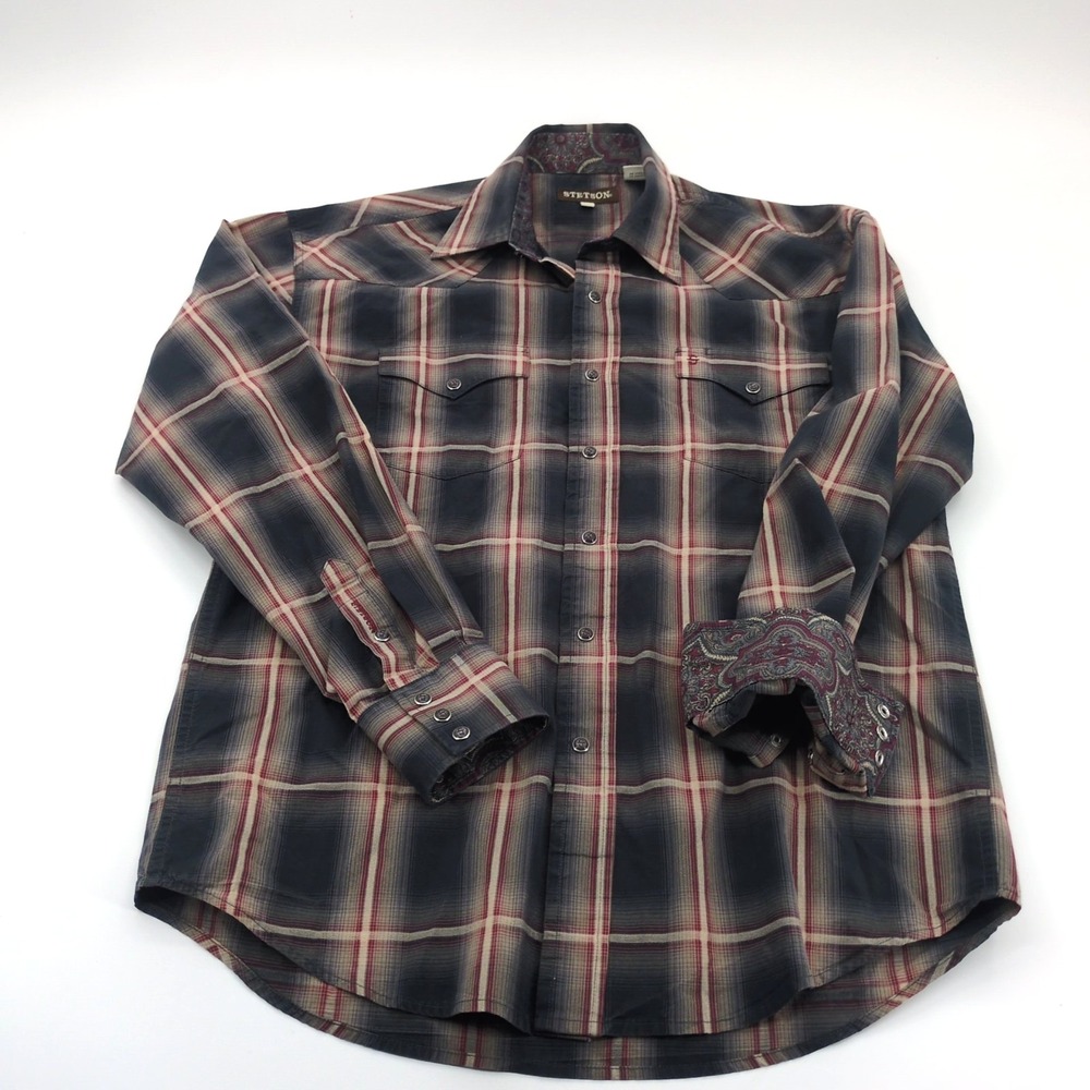 Stetson Mens M Western Long Sleeve Gray Red Plaid 100% Cotton Rodeo Paisley